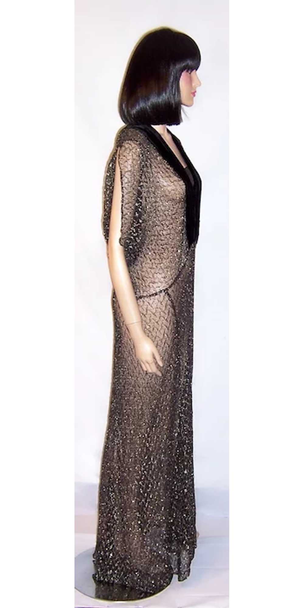 1930's Black & Silver Metallic Lace Gown with Vel… - image 2