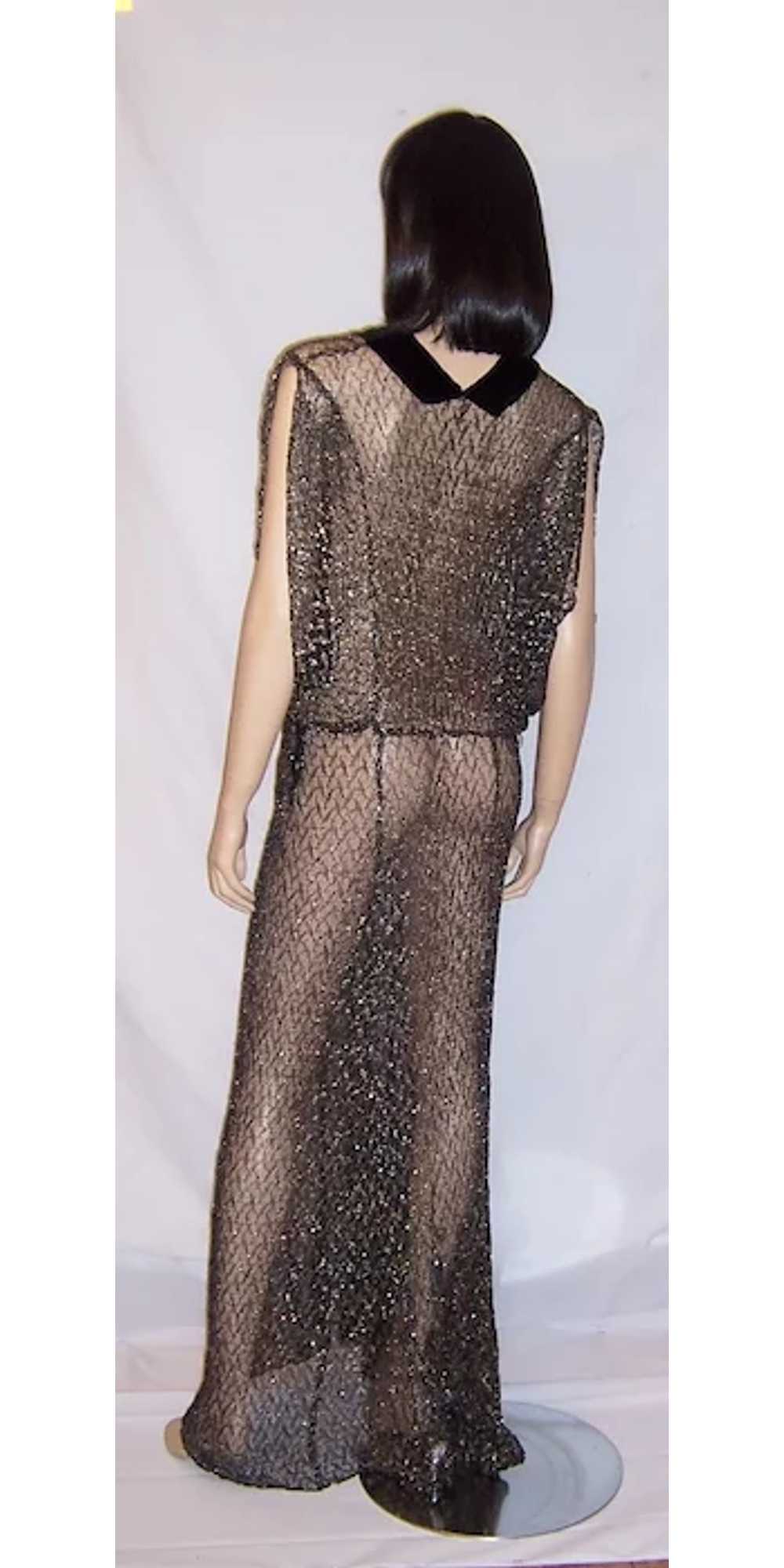 1930's Black & Silver Metallic Lace Gown with Vel… - image 3