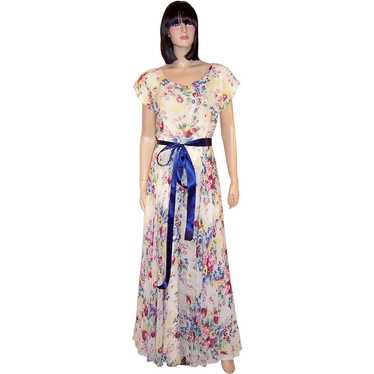 1940's Floral Printed Chiffon Gown