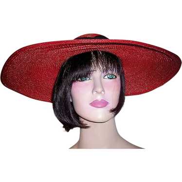1930's Red Finely Woven Straw Cartwheel Hat with … - image 1