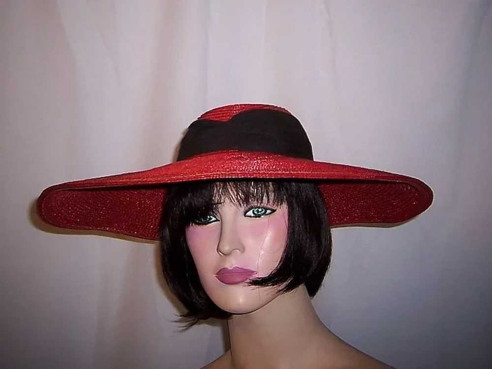 1930's Red Finely Woven Straw Cartwheel Hat with … - image 2