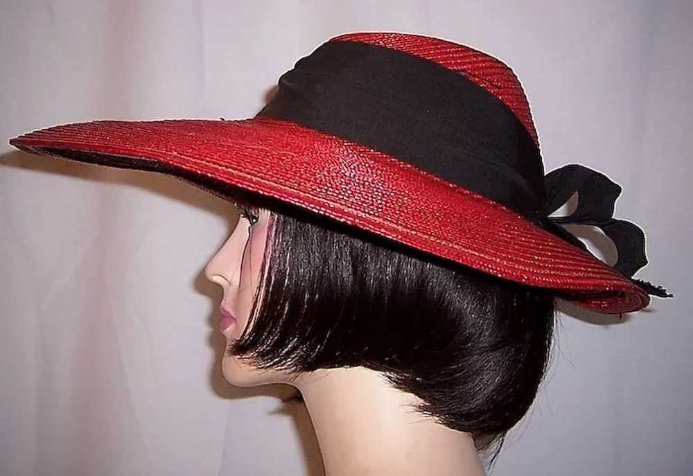 1930's Red Finely Woven Straw Cartwheel Hat with … - image 3