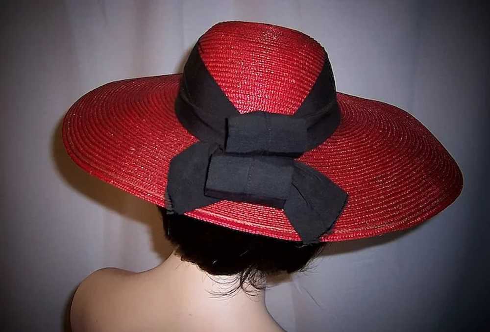 1930's Red Finely Woven Straw Cartwheel Hat with … - image 4