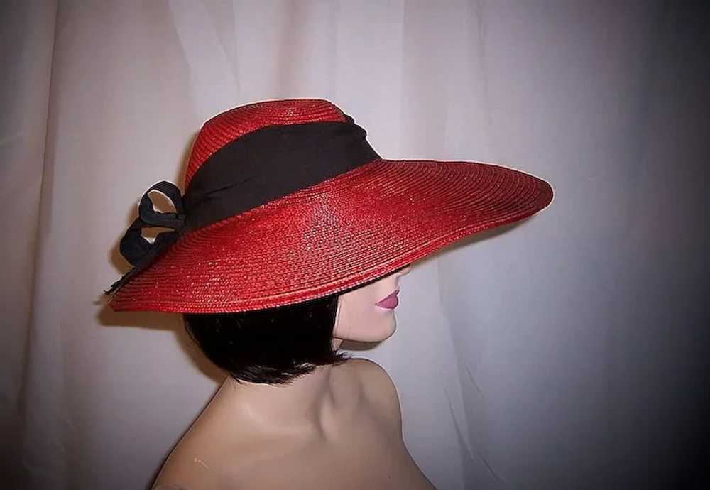 1930's Red Finely Woven Straw Cartwheel Hat with … - image 5