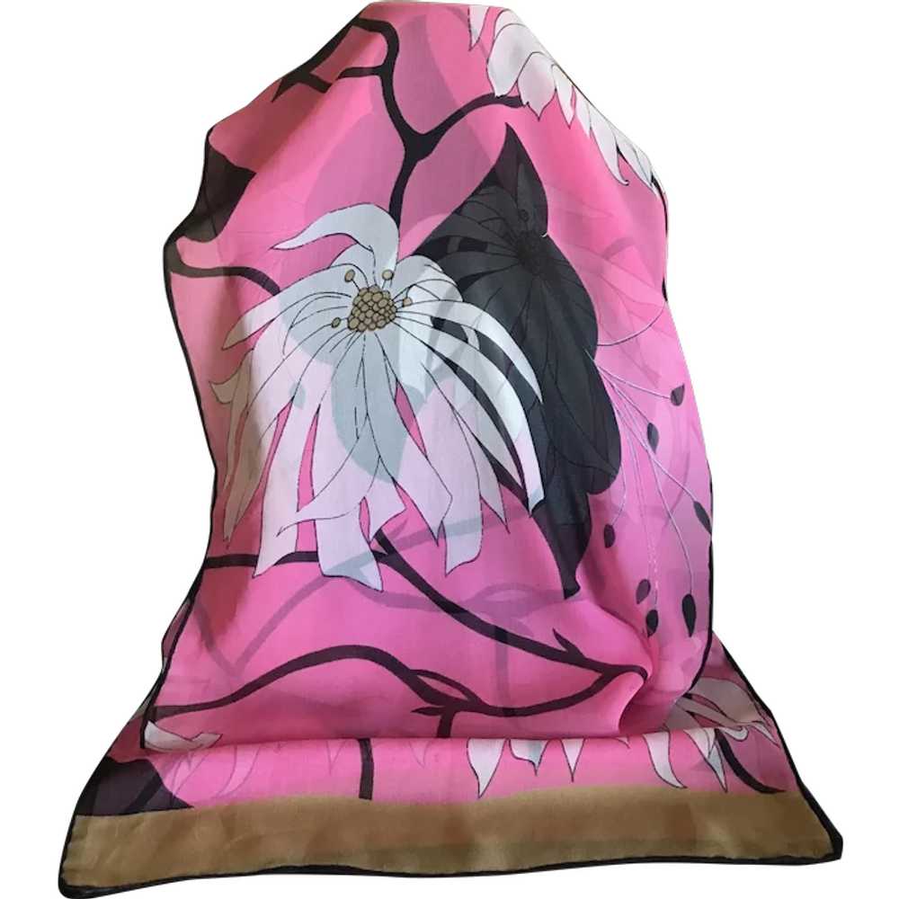 Semi Sheer Silk Chiffon Pink and Black Floral Sca… - image 1