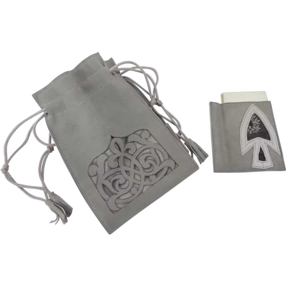 1900's Grey Suede Folding Draw String Tassel Ends… - image 1