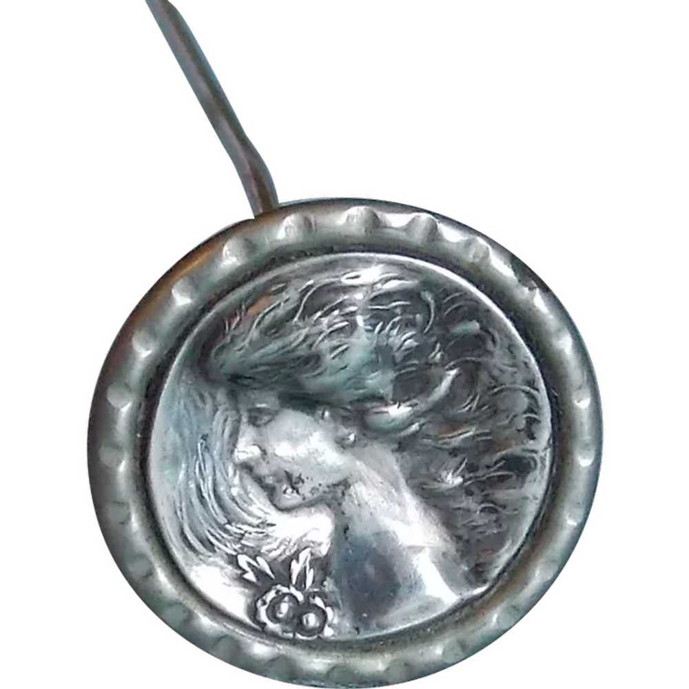Victorian Sterling Front Lady Face Long Hat Pin - image 1