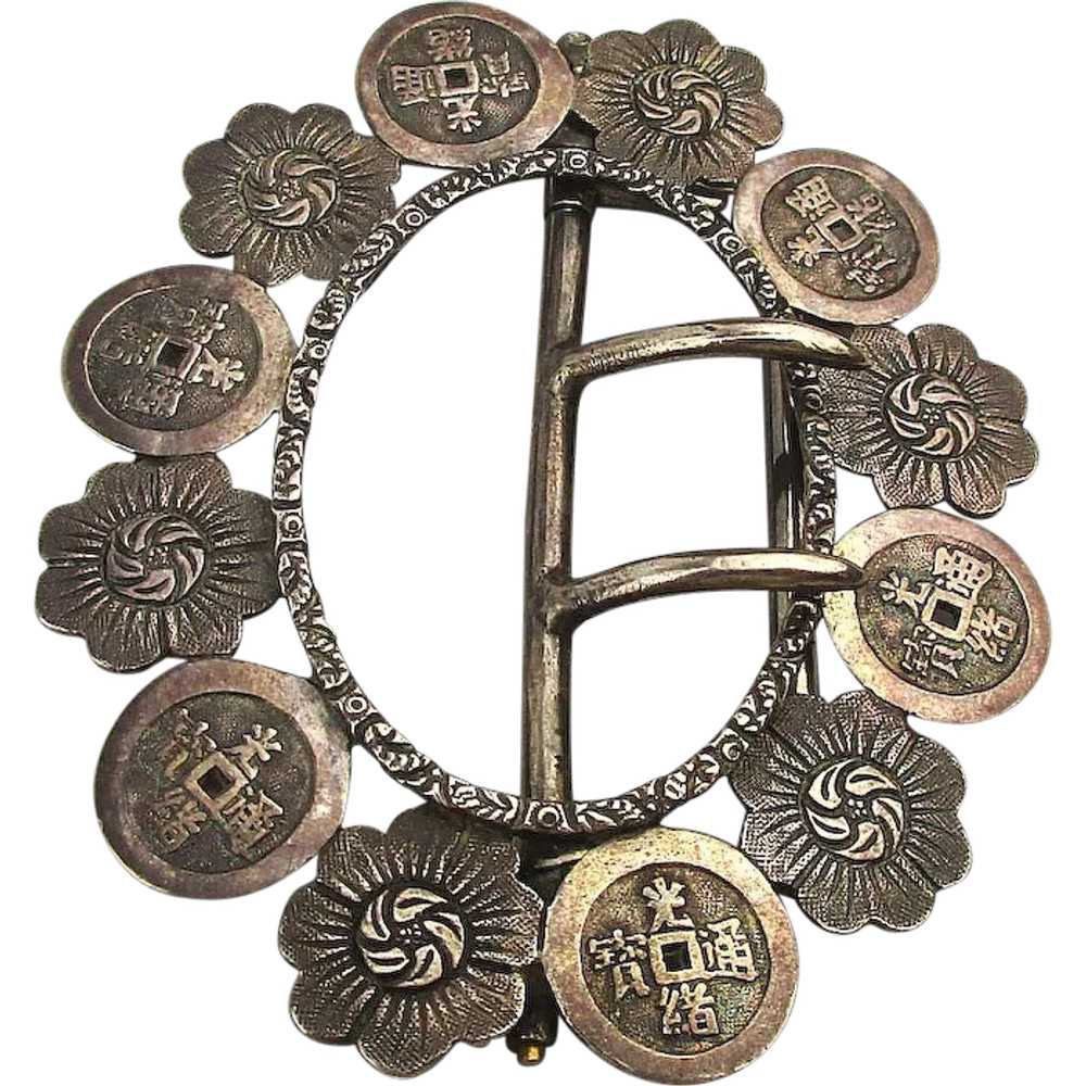 Antique Chinese Coin Silver Engraved Buckle - Pen… - image 1