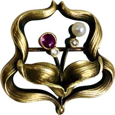 Art Nouveau, 14K Gold, Diamond, Ruby & Pearl Broo… - image 1