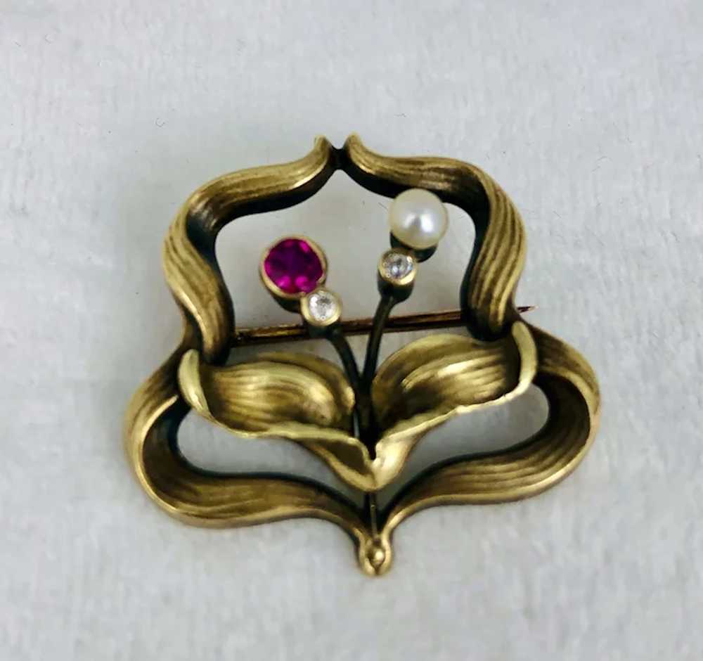 Art Nouveau, 14K Gold, Diamond, Ruby & Pearl Broo… - image 2