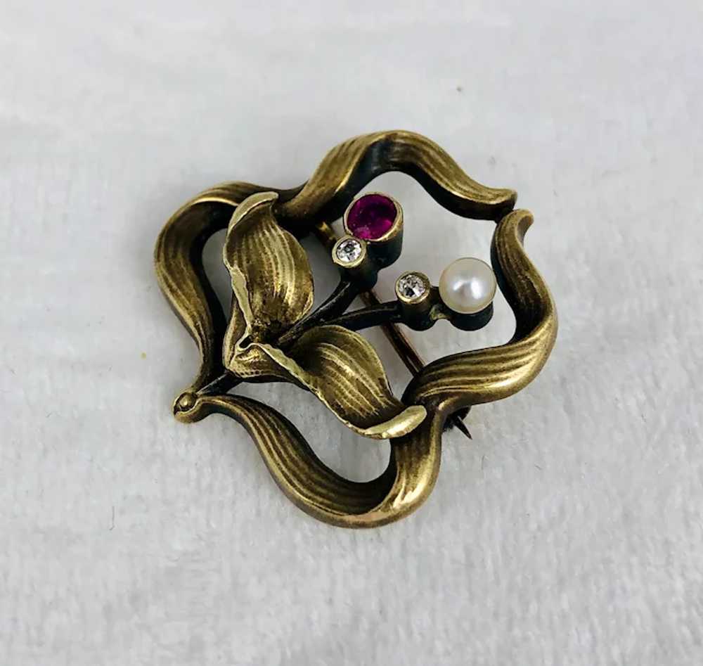 Art Nouveau, 14K Gold, Diamond, Ruby & Pearl Broo… - image 4