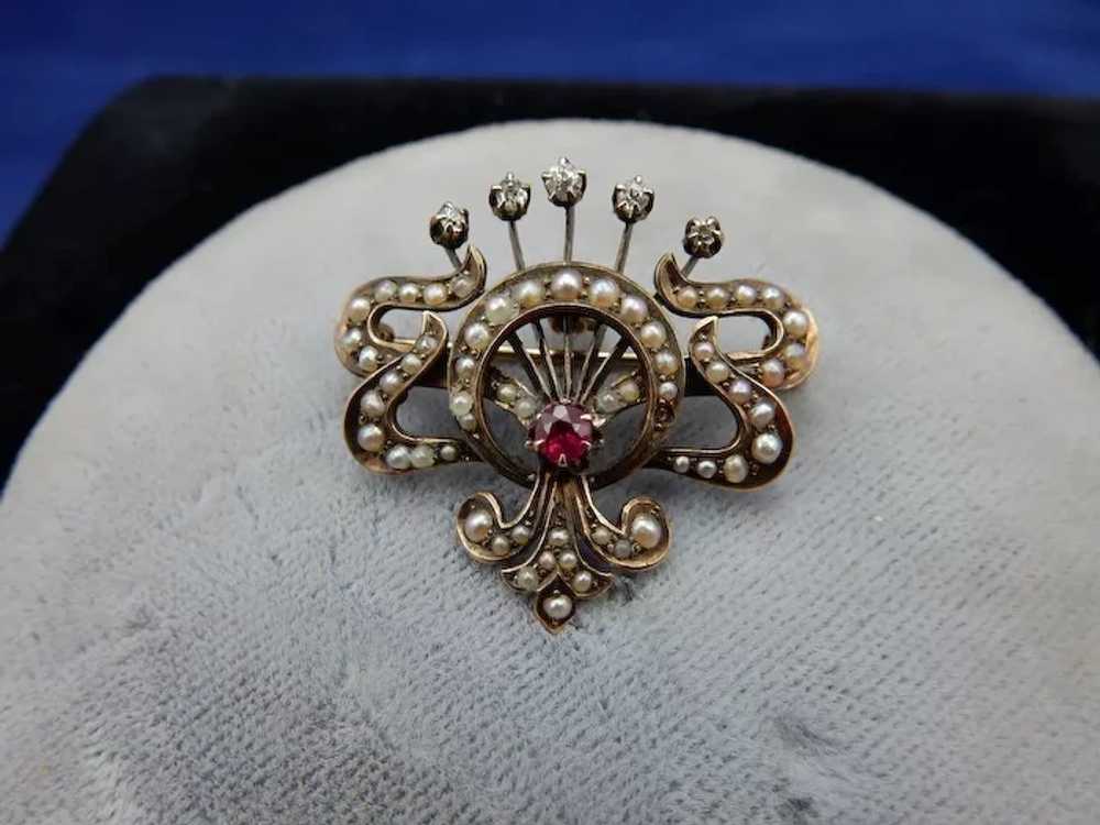Vintage 14 Karat Seed Pearl, Diamond, and Ruby Pi… - image 2