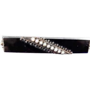 14 Karat Black Onyx and Seed Pearl Mourning Pin - image 1