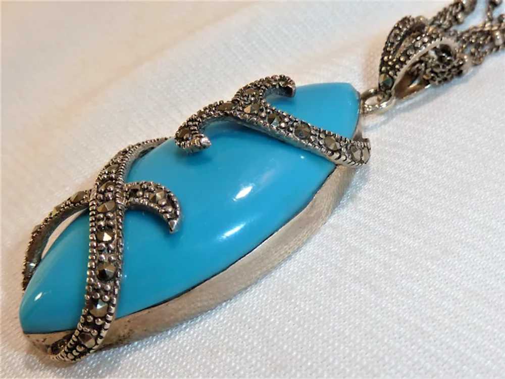 Sterling Marcasite Blue Glass Necklace Vintage - image 3