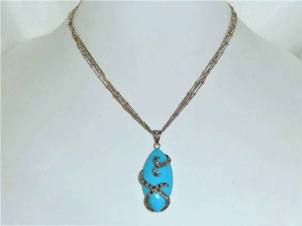 Sterling Marcasite Blue Glass Necklace Vintage - image 7