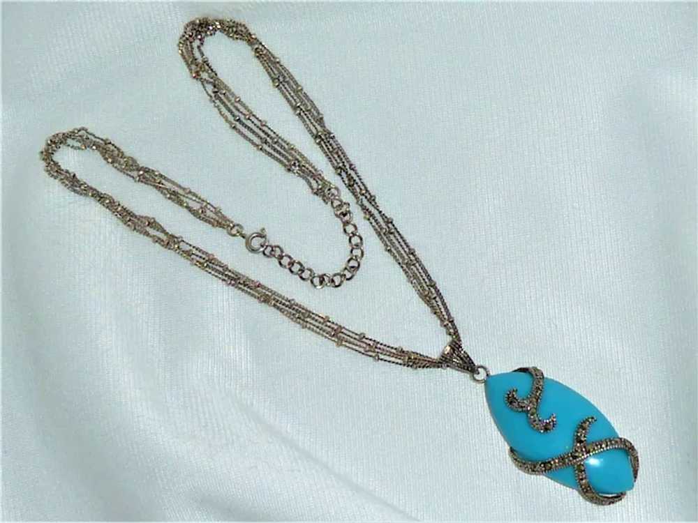 Sterling Marcasite Blue Glass Necklace Vintage - image 8