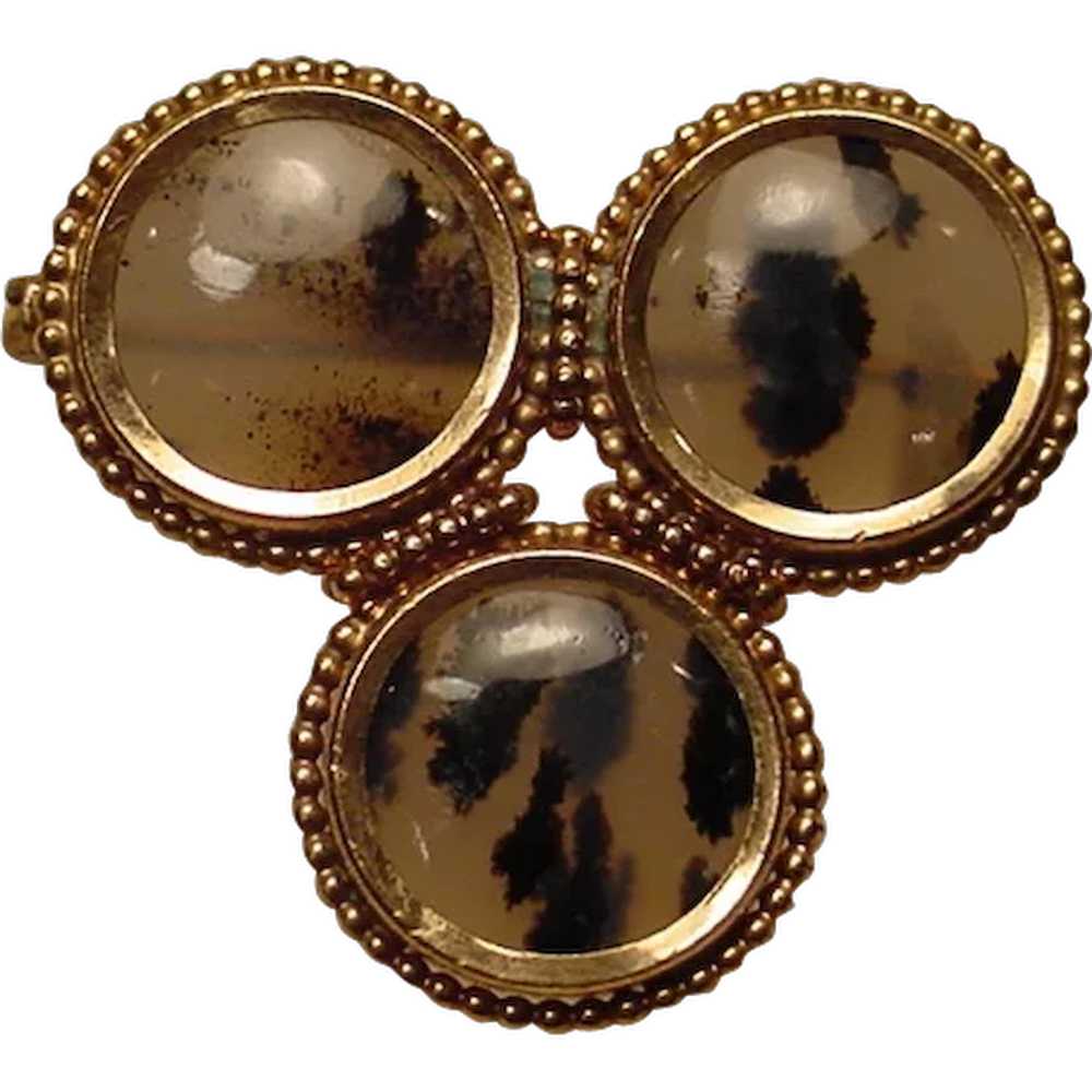 Beautiful Antique 9k Gold 3 Moss Agate Brooch - image 1