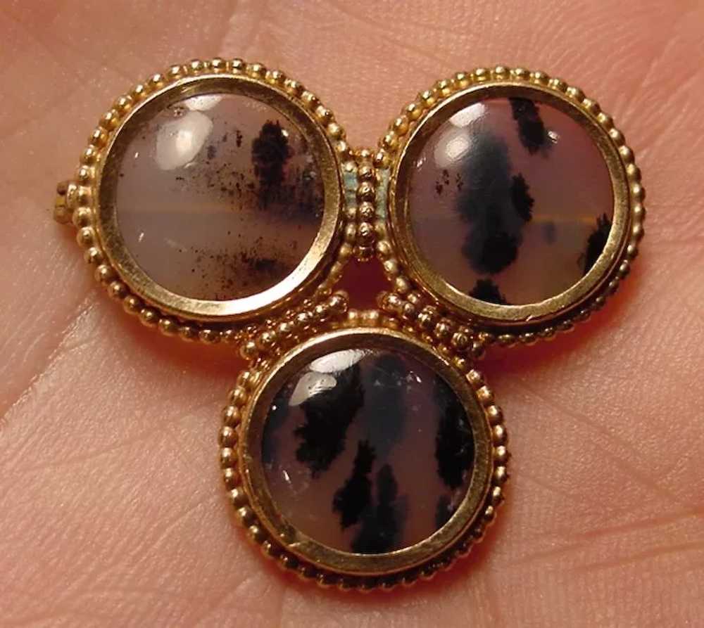Beautiful Antique 9k Gold 3 Moss Agate Brooch - image 3