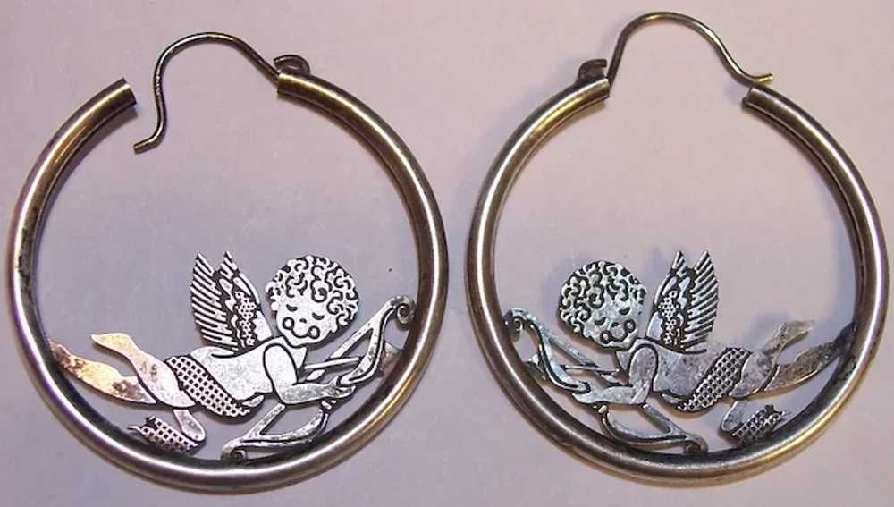 Sterling Silver Cupid Hoop Earrings Vintage still… - image 2