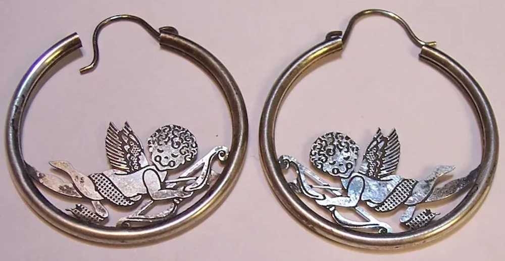 Sterling Silver Cupid Hoop Earrings Vintage still… - image 4