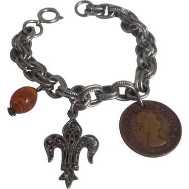 Double Link Charm Bracelet w/ Fleur de Lis & Eliz… - image 1