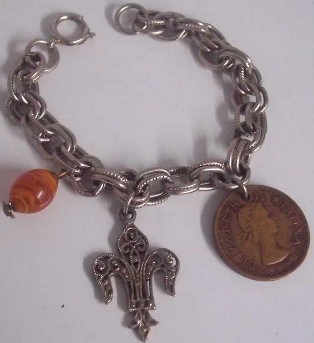 Double Link Charm Bracelet w/ Fleur de Lis & Eliz… - image 2