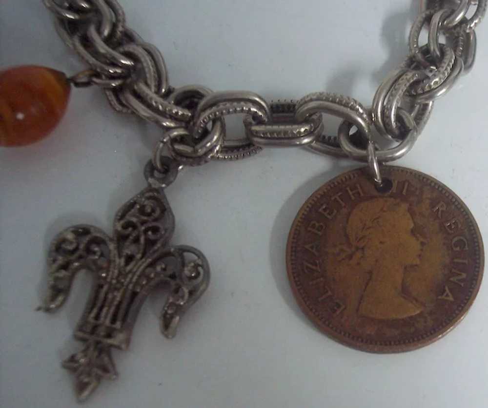 Double Link Charm Bracelet w/ Fleur de Lis & Eliz… - image 3