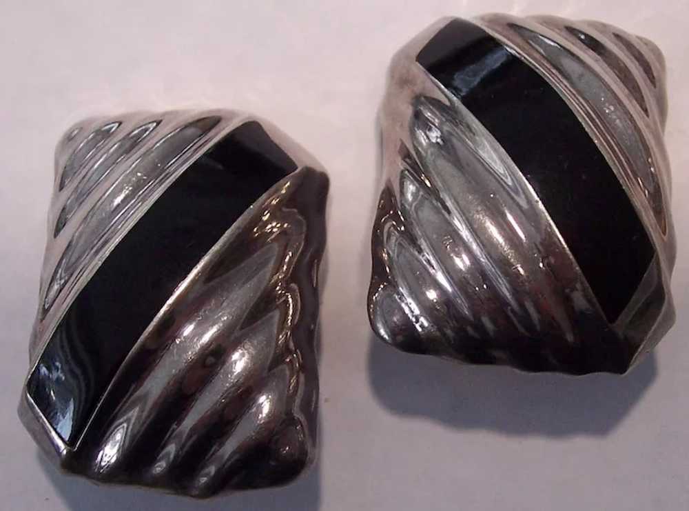 Mexican Sterling Silver Onyx Inlay Taxco Earrings - image 3