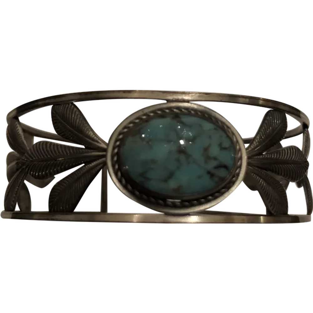 Native American Sterling Silver Turquoise Cuff Br… - image 1