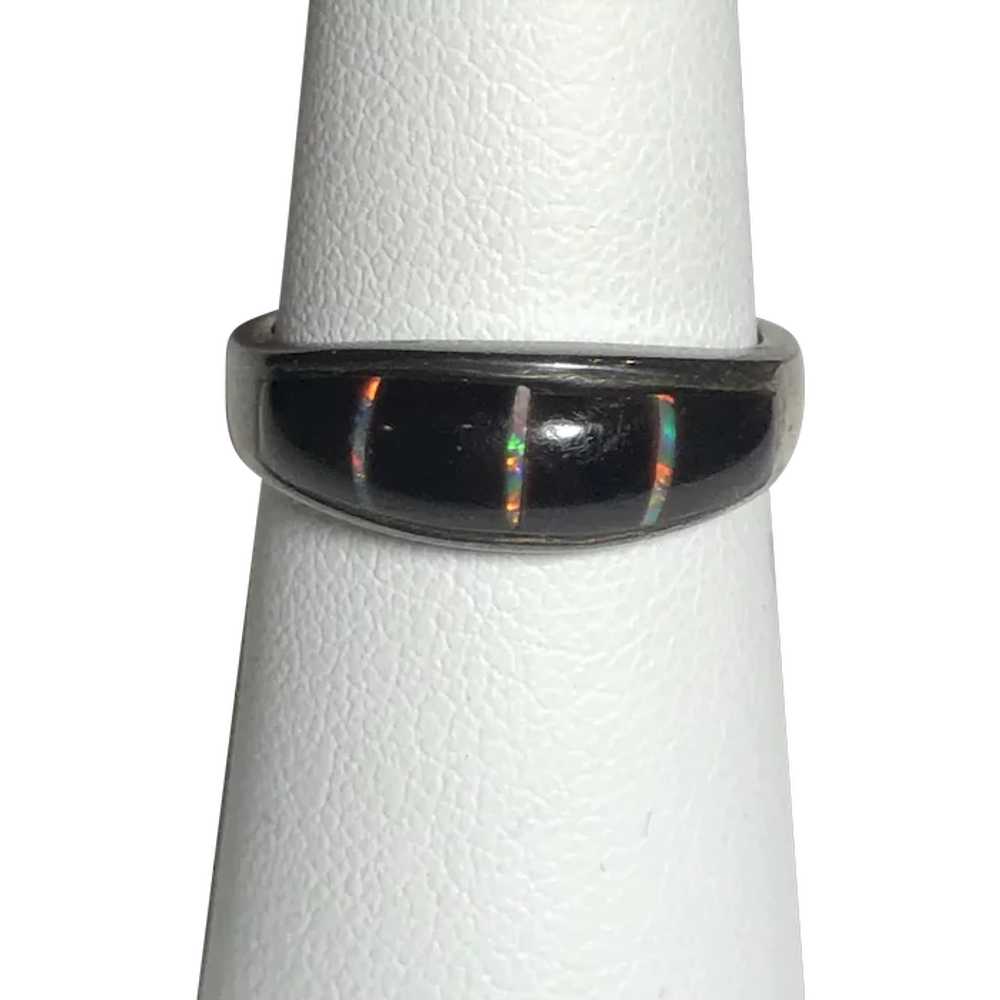 Sterling Silver Onyx and Created Opal Ring - image 1