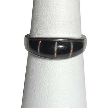 Sterling Silver Onyx and Created Opal Ring