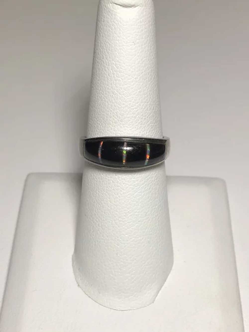 Sterling Silver Onyx and Created Opal Ring - image 3