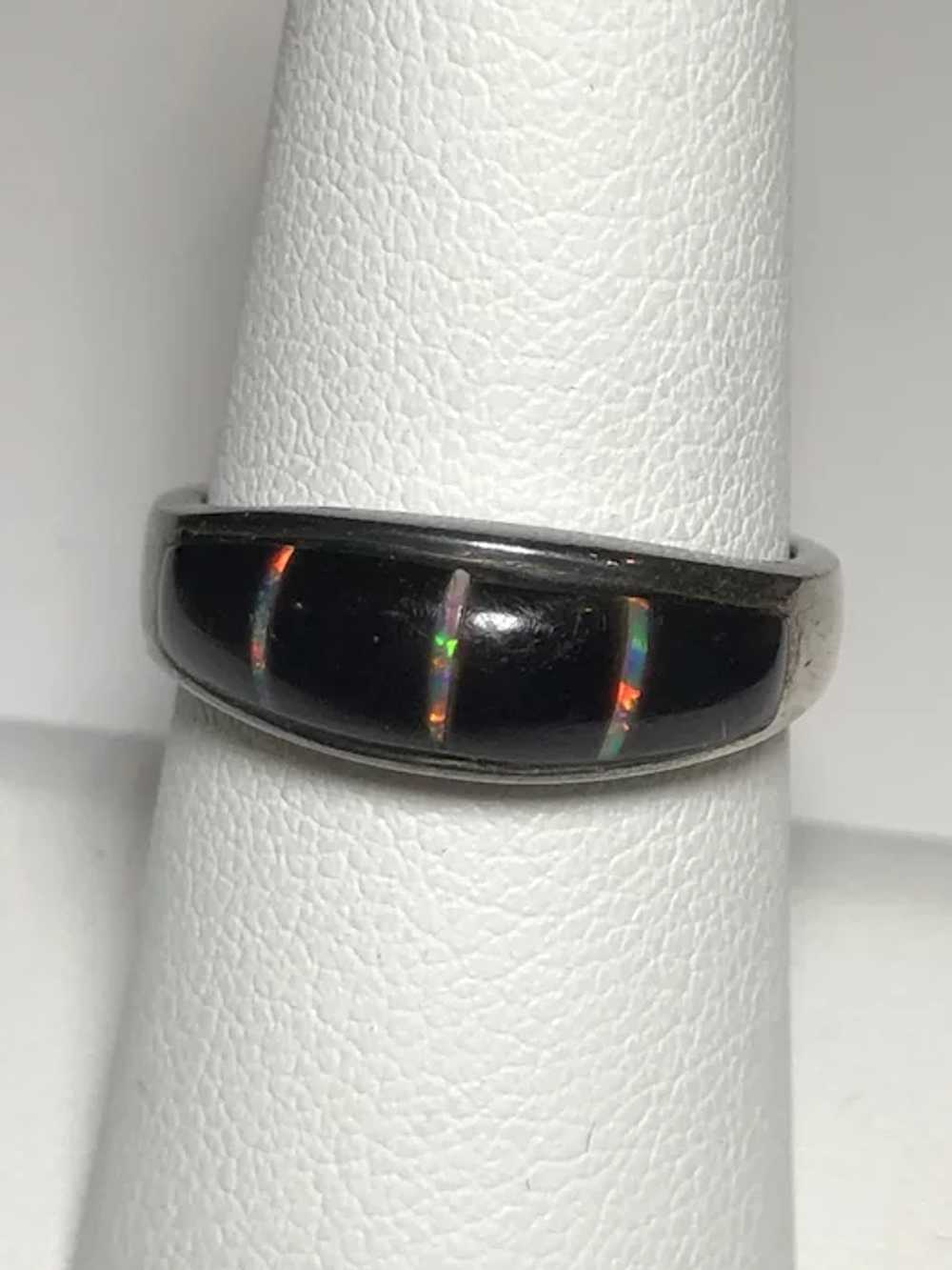 Sterling Silver Onyx and Created Opal Ring - image 4