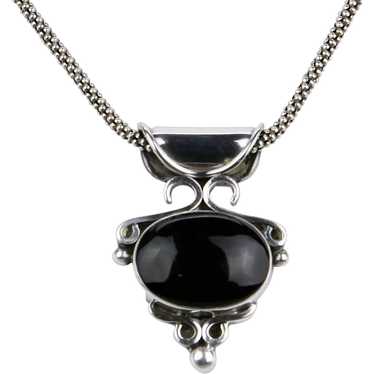 Sterling Silver Pendant Set With Cabochon Black O… - image 1