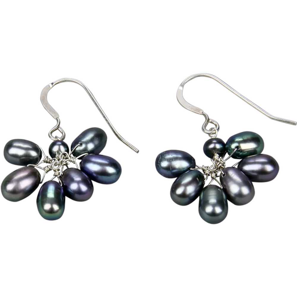 Black Freshwater Pearls Pierced Earrings Gray Blu… - image 1