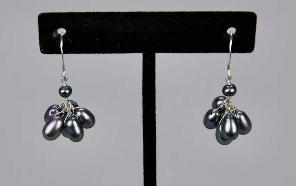 Black Freshwater Pearls Pierced Earrings Gray Blu… - image 2