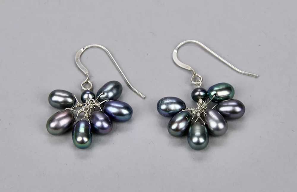 Black Freshwater Pearls Pierced Earrings Gray Blu… - image 4