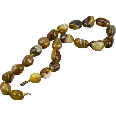 Chunky Banded Agate Bead Necklace 10K Yellow Gold… - image 1