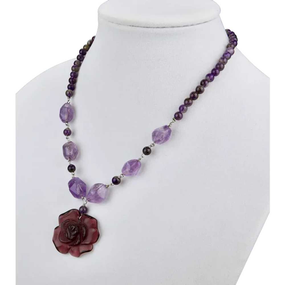 Natural Amethyst Beaded Necklace Carved Glass Flo… - image 1