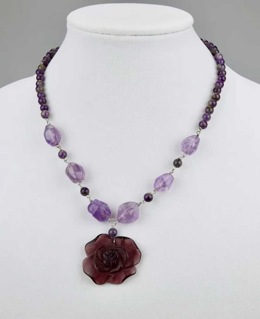 Natural Amethyst Beaded Necklace Carved Glass Flo… - image 2