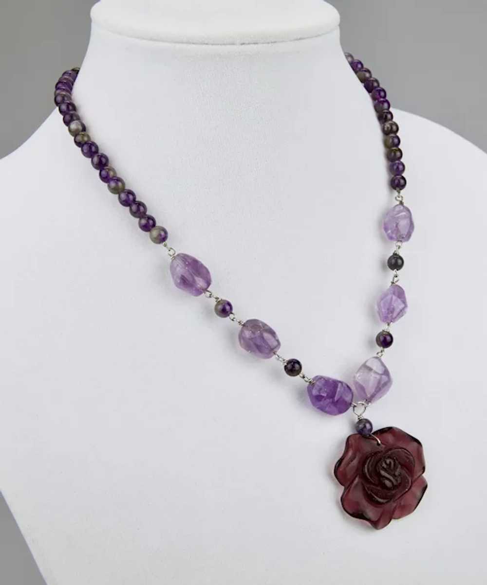 Natural Amethyst Beaded Necklace Carved Glass Flo… - image 3