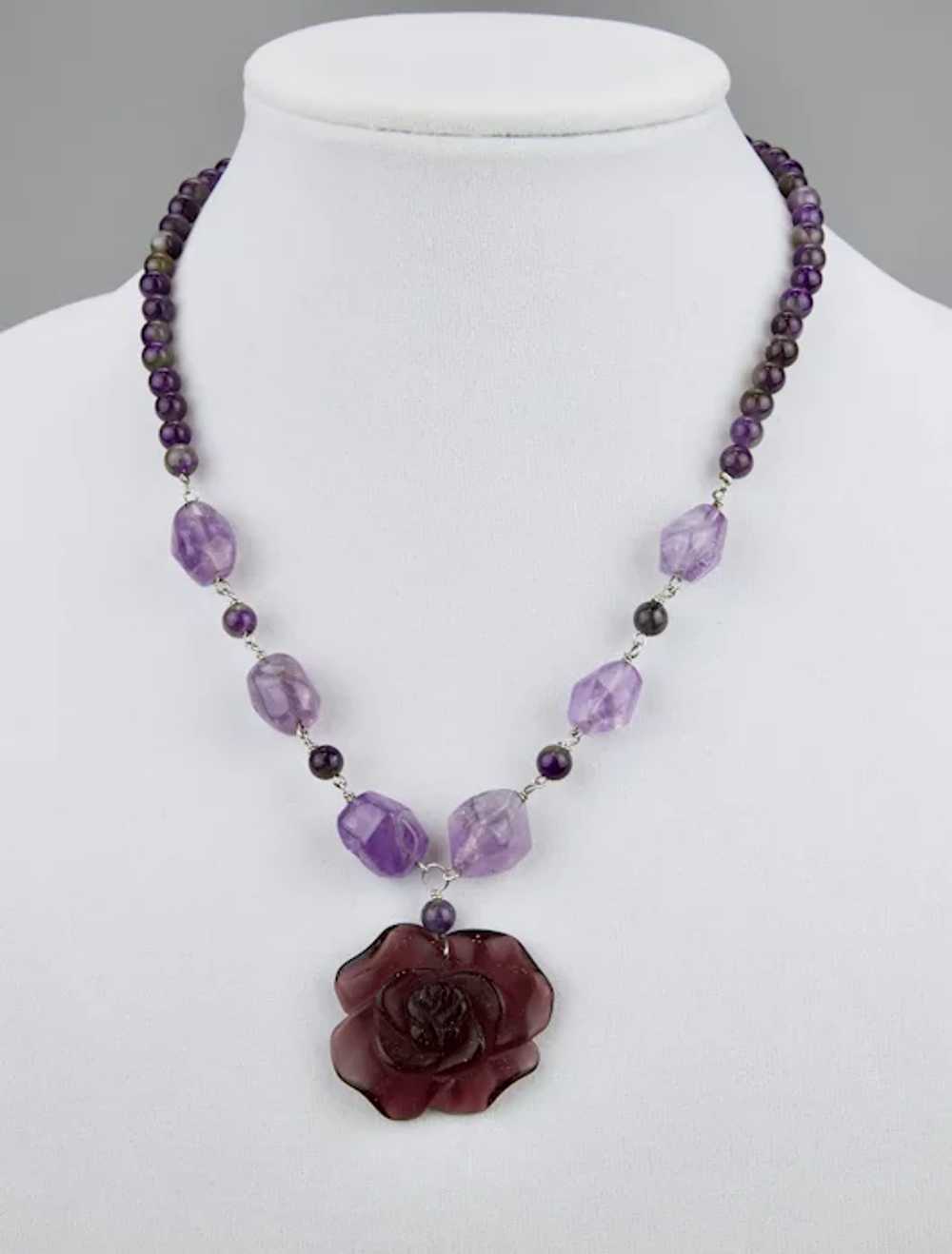 Natural Amethyst Beaded Necklace Carved Glass Flo… - image 4