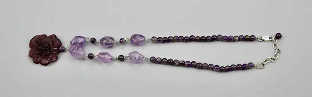 Natural Amethyst Beaded Necklace Carved Glass Flo… - image 5