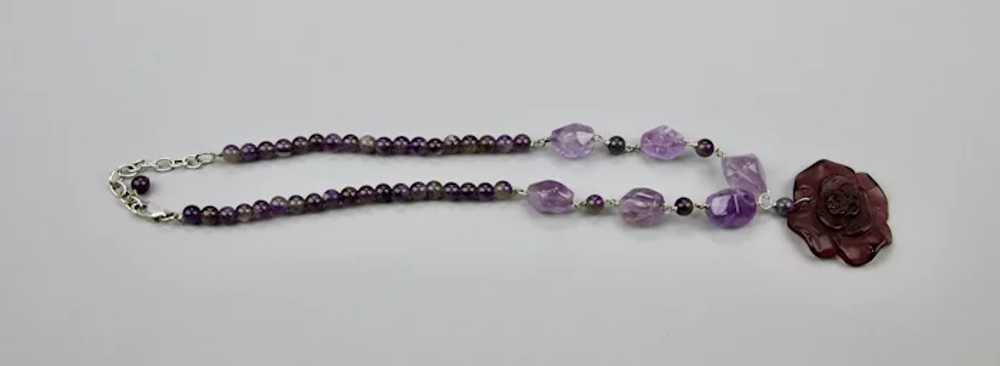 Natural Amethyst Beaded Necklace Carved Glass Flo… - image 6