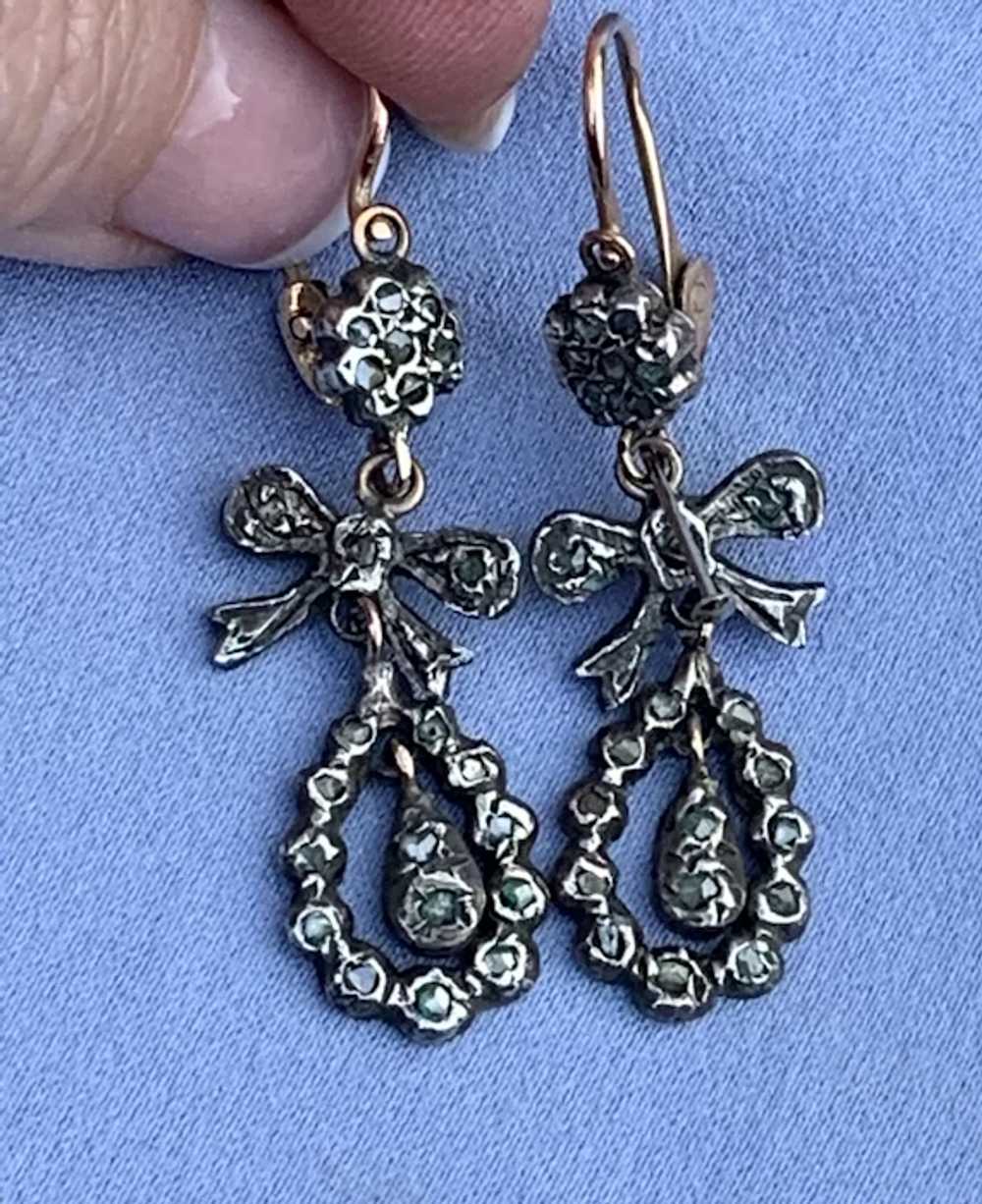 Rose Diamond Earrings, Bow Design, Victorian - image 2