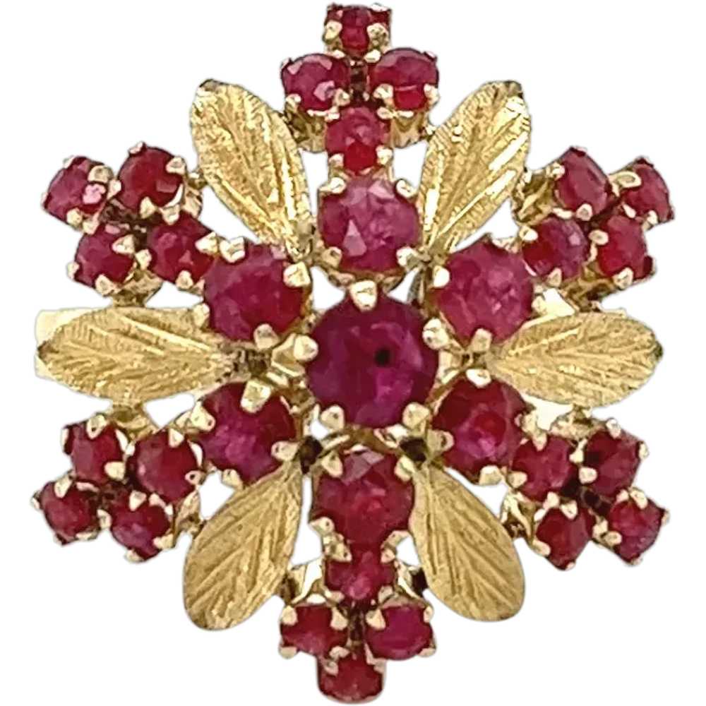 14K Gold Round Cut Ruby and Carved Flower Rose Ri… - image 1