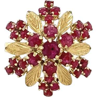 14K Gold Round Cut Ruby and Carved Flower Rose Ri… - image 1