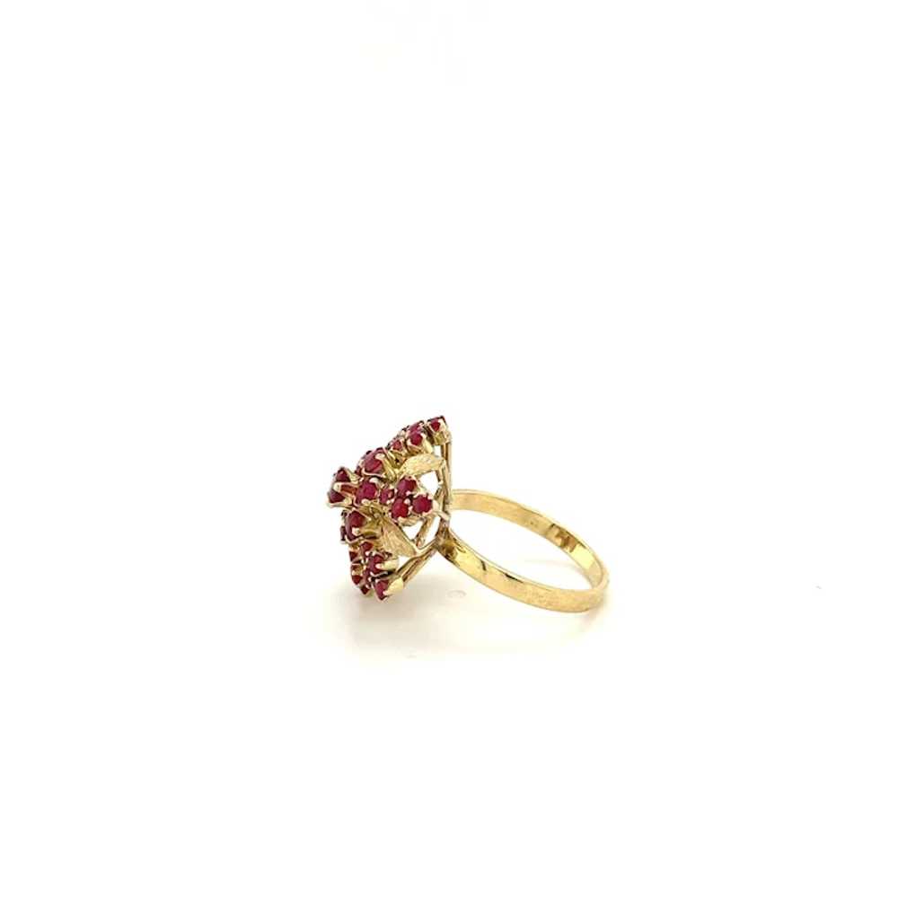 14K Gold Round Cut Ruby and Carved Flower Rose Ri… - image 3