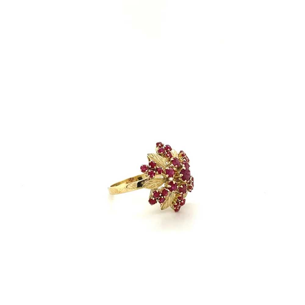 14K Gold Round Cut Ruby and Carved Flower Rose Ri… - image 4