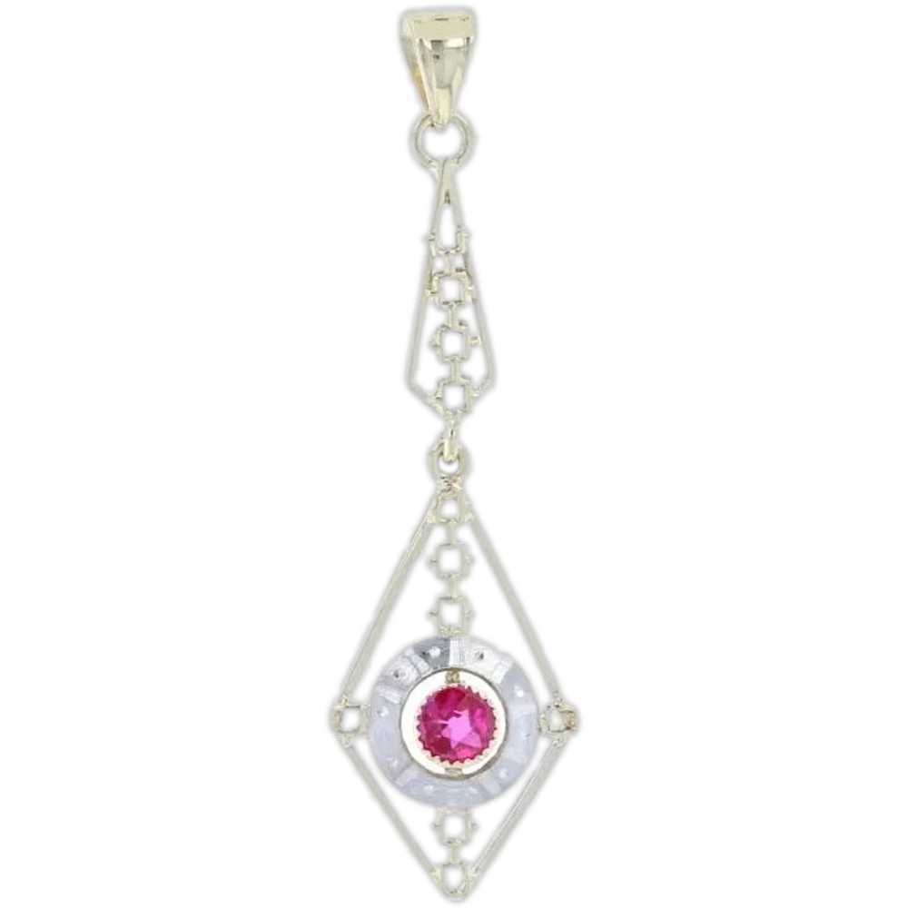 Yellow Gold Synthetic Ruby Art Deco Drop Pendant … - image 1